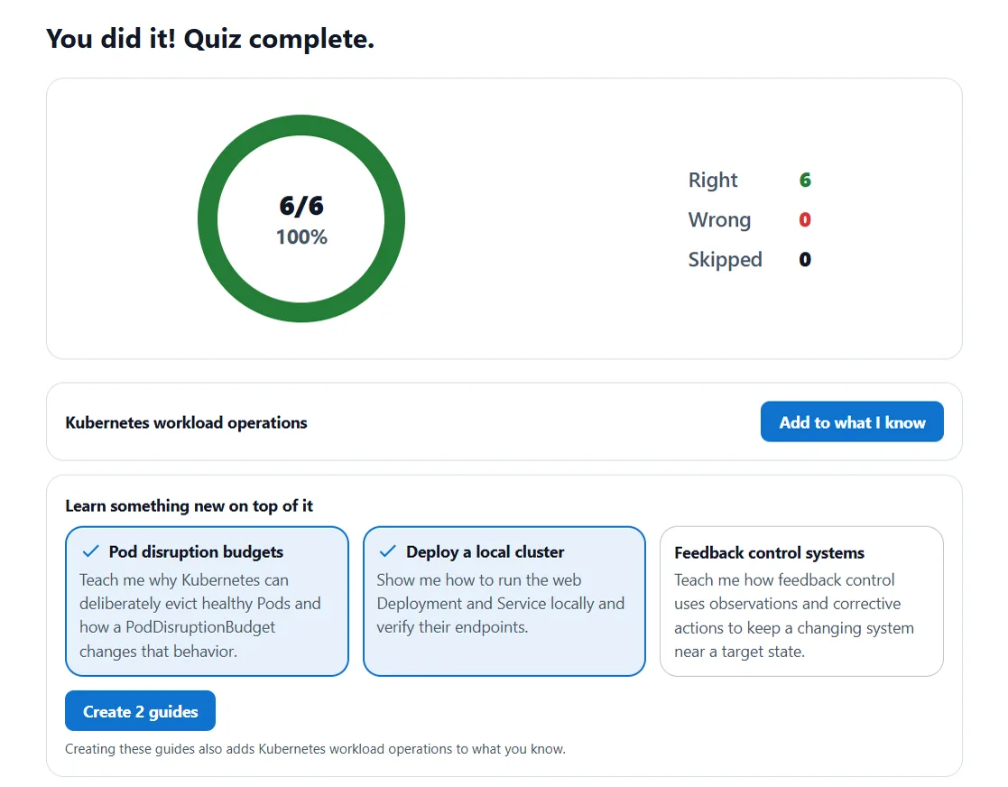Quiz results with 'Add to what I know' and suggested follow-up guides