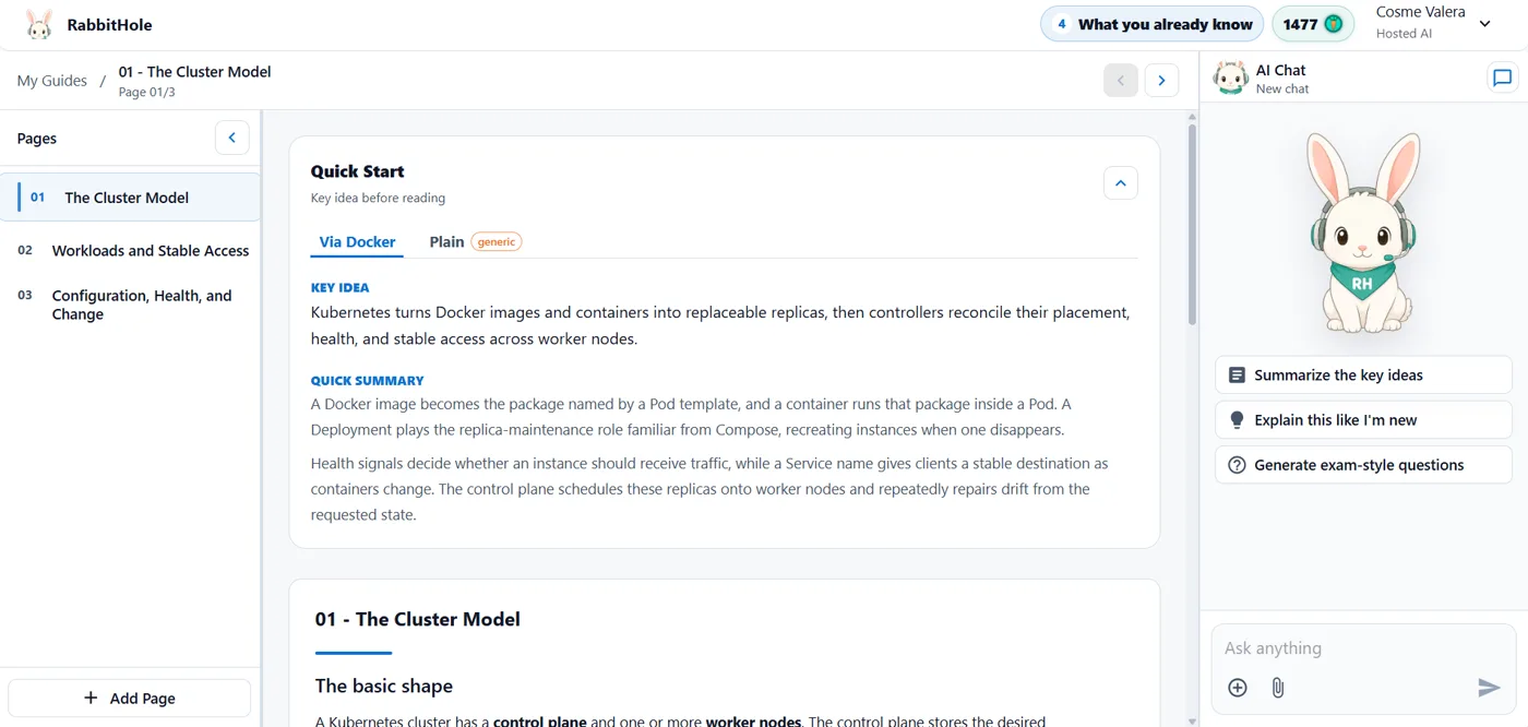 RabbitHole workspace with pages, a Kubernetes guide and the rabbit AI chat