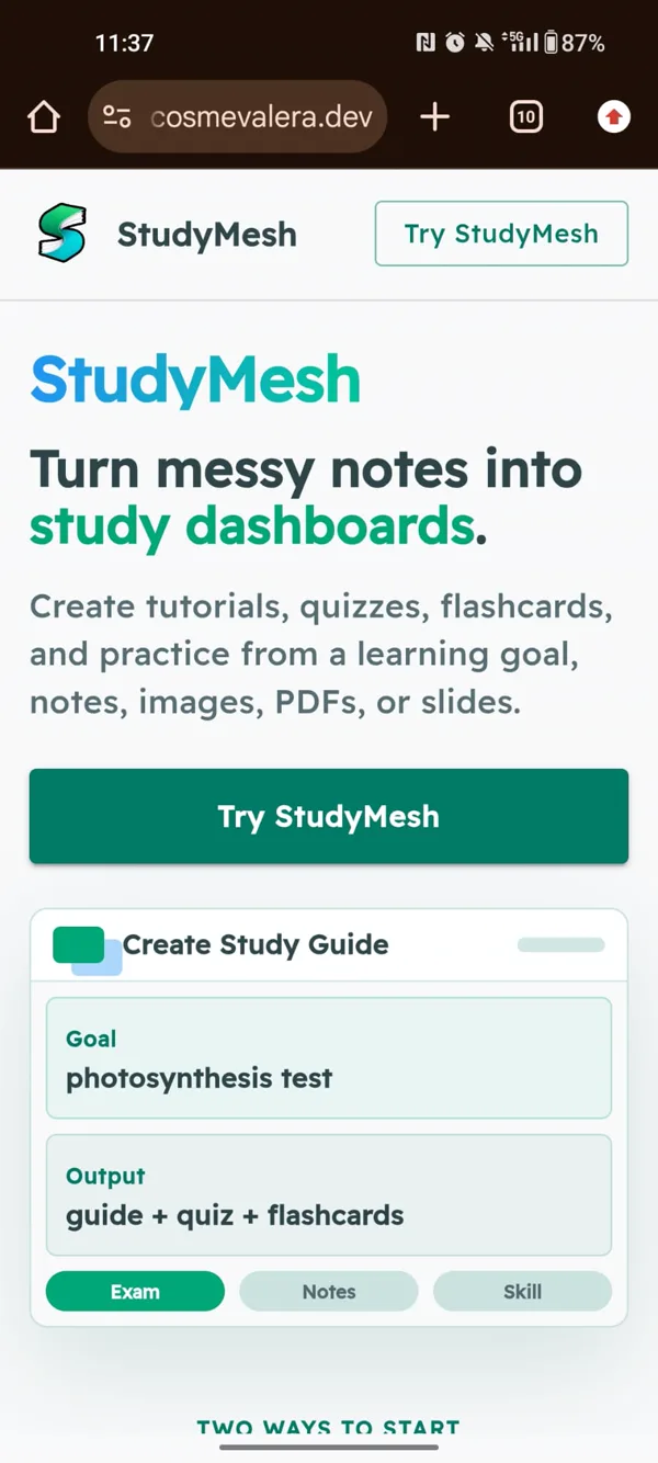 StudyMesh landing page on a phone