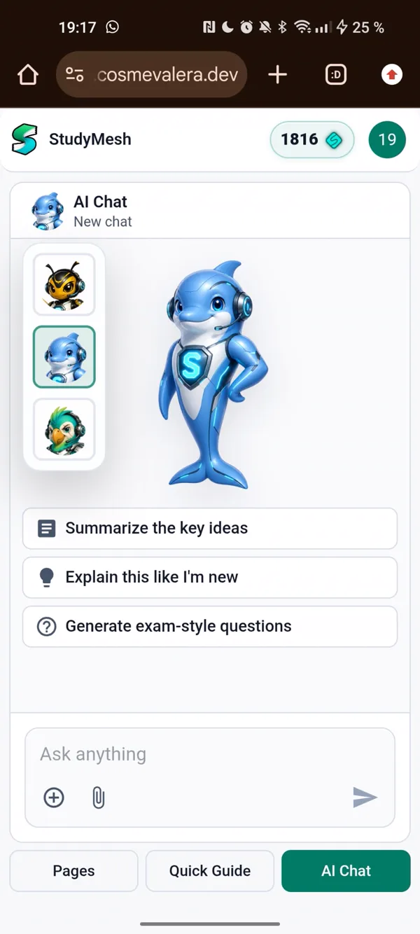 StudyMesh AI chat with the dolphin pet on a phone