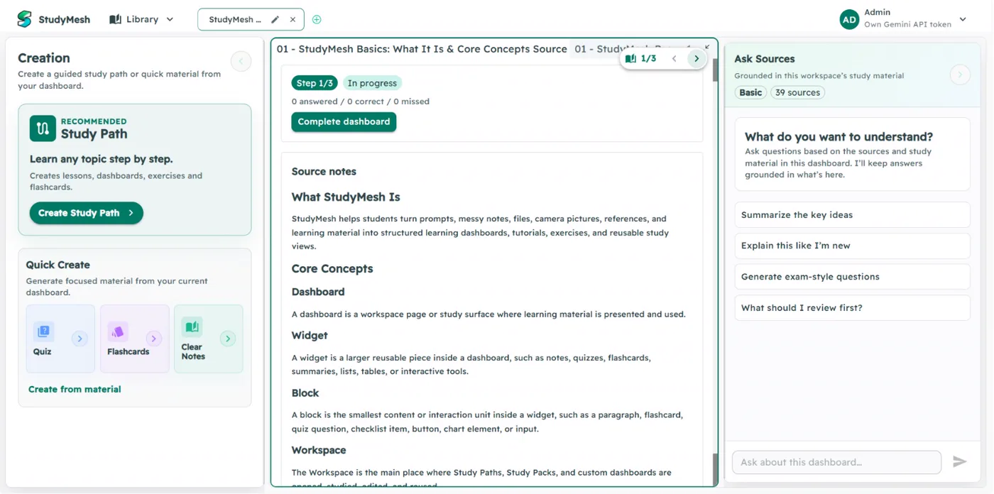 StudyMesh with three panels: creation menu, study content and AI chat