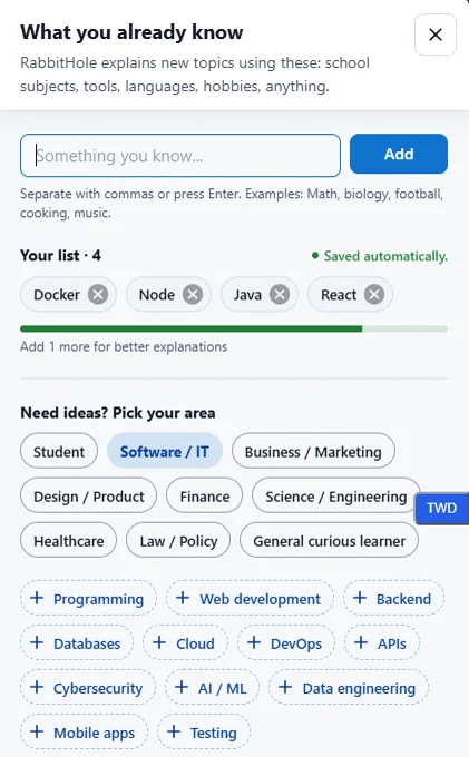 The 'What you already know' panel with Docker, Node, Java and React added