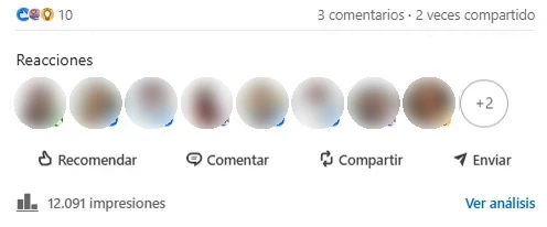 Estadísticas de LinkedIn: 10 reacciones, 3 comentarios, 2 veces compartido y 12.091 impresiones